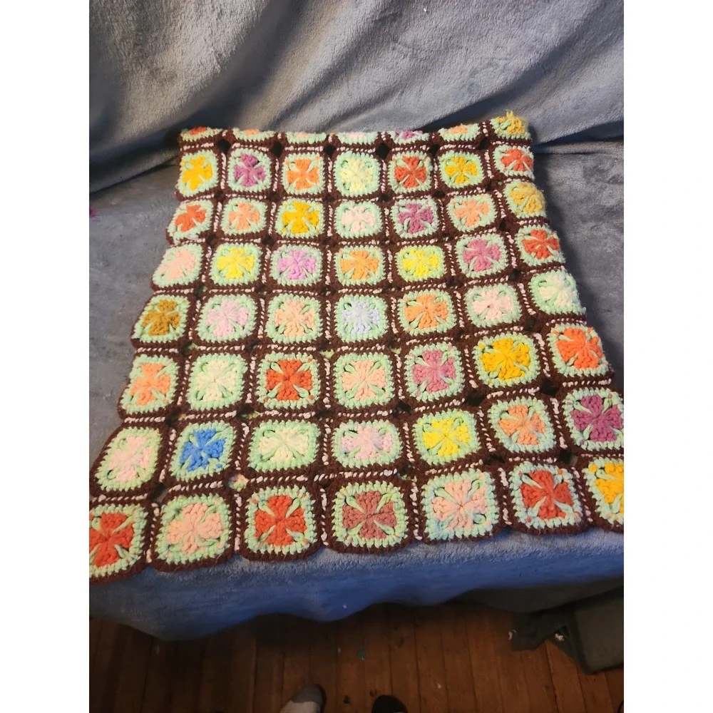 Vintage Granny Square Orange, Yellow, Pink & Brown Afghan Throw Blanket 40